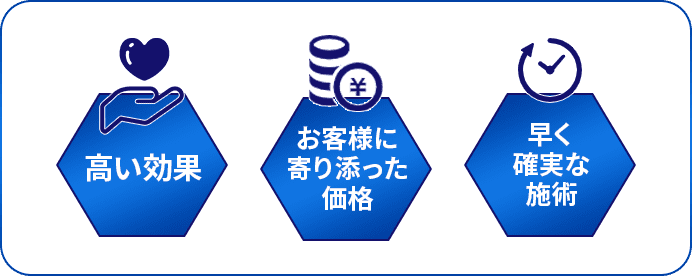 高い効果、お客様に寄り添った価格、早く確実な施術